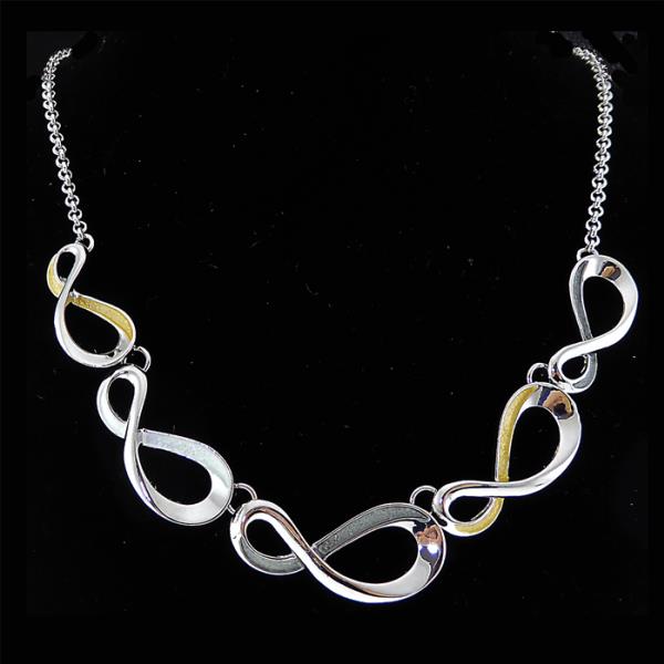 Rhodium plated infinity necklace with gold and grey silver enamel, 45cm length plus extension for elegant, versatile wear.