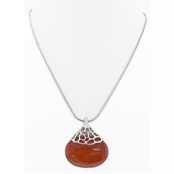 Burnt orange resin oval necklace with silver lace bail, perfect for adding elegance to any outfit. 46cm length.