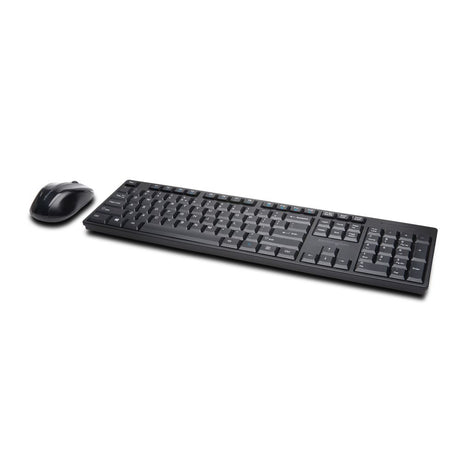 Kensington Pro Fit Low Profile Wireless Desktop Set with ergonomic keyboard, ambidextrous mouse, and secure wireless connection.