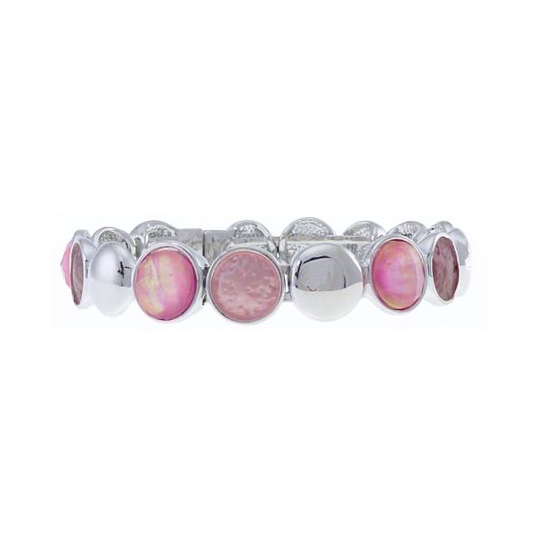 Silver bracelet featuring dark and light pink circles with magnet fastening for a stylish and comfortable fit.