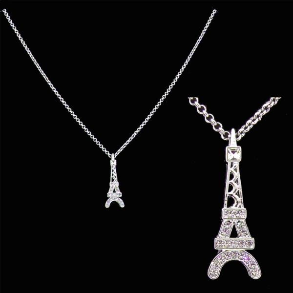 Eiffel Tower necklace with sparkling diamante accents on a delicate 46 cm chain, perfect for stylish occasions.