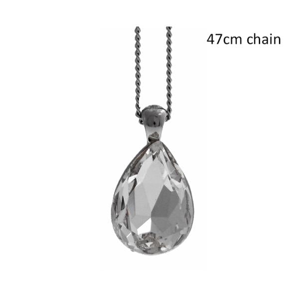 Elegant Pear Drop Crystal Necklace with a 1.5cm teardrop CZ pendant on a 47cm silver-plated chain. Perfect for any occasion.
