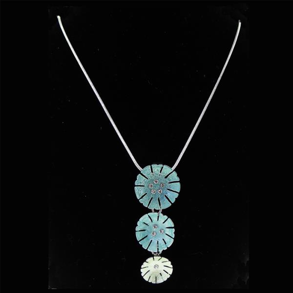 Elegant necklace featuring three flower pendants in dark and light aqua hues with sparkling diamante accents, 46cm long.