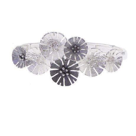 Elegant silver-plated bracelet with grey enamel and floral design, perfect for any occasion and various wrist sizes.