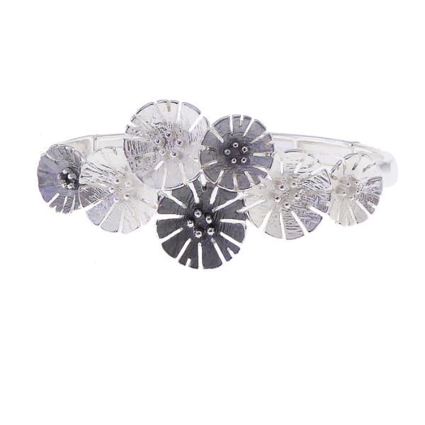 Elegant silver-plated bracelet with grey enamel and floral design, perfect for any occasion and various wrist sizes.
