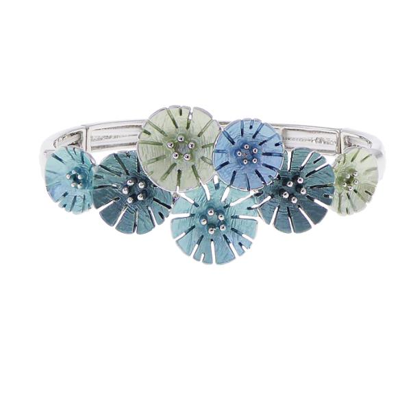 Rhodium-plated floral bracelet in aqua and green enamel, featuring vibrant flowers and a comfortable elasticated fit.
