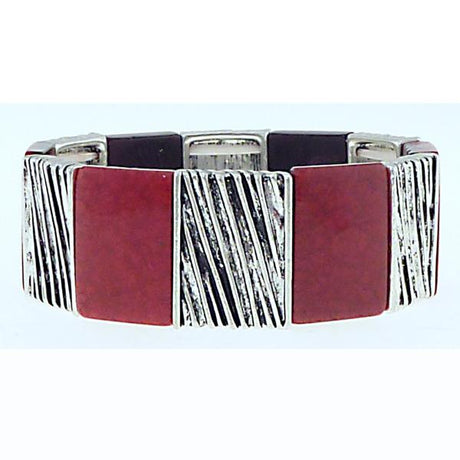 Antique silver bracelet with red rectangle accents, featuring an elasticated design for comfort and style.