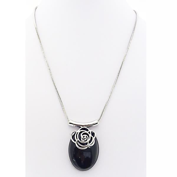 Elegant Black Oval/Rose Necklace featuring a black oval pendant and silver rose bail, perfect for any occasion.