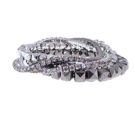 Gunmetal and diamante bracelet featuring elastic design, perfect for casual and formal occasions, with versatile layered styling.