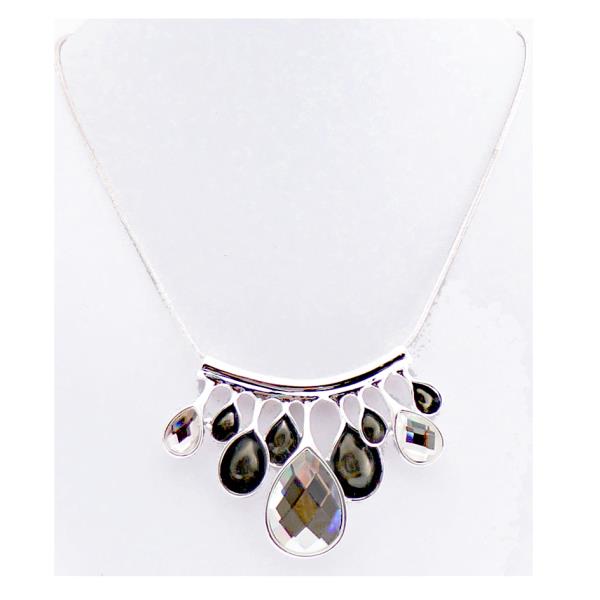 Clear crystal teardrop necklace with black enamel accents, elegant 46cm design for versatile style.