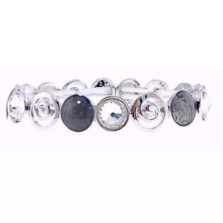 Elegant grey and crystal bracelet featuring silver pinwheels, elasticated for a comfortable fit and chic style.