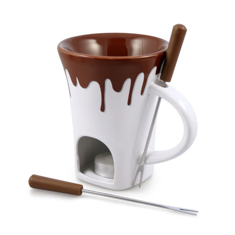 Chocolate Fondue Mug Set featuring a glazed ceramic mug, dipping forks, and a candle for melting chocolate delights.