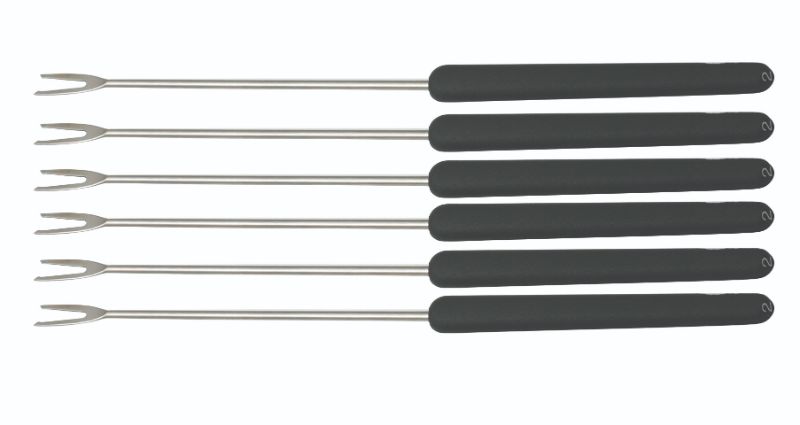 Set of 6 Swissmar Black Meat Fondue Forks with stainless steel shafts and heat-resistant numbered handles, ideal for fondue dining.