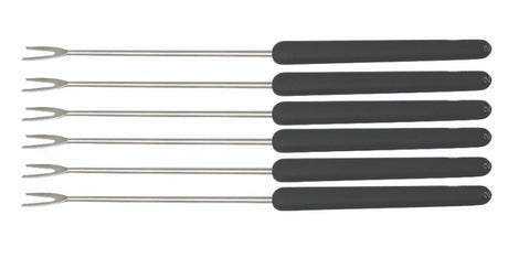 Set of 6 Swissmar Black Meat Fondue Forks with stainless steel shafts and heat-resistant numbered handles, ideal for fondue dining.