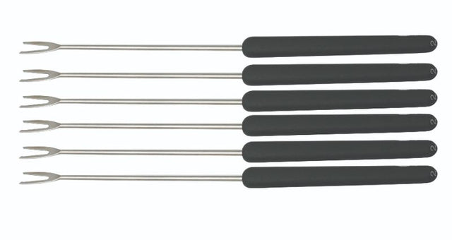 Set of 6 Swissmar Black Meat Fondue Forks with stainless steel shafts and heat-resistant numbered handles, ideal for fondue dining.