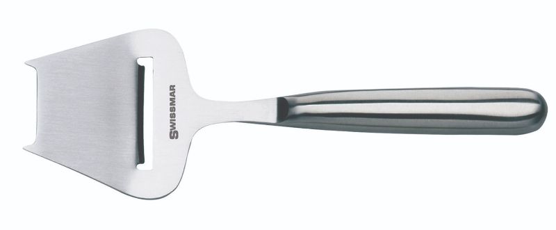 Stainless steel Swissmar cheese plane for precise, even slicing of hard and semi-hard cheeses with an ergonomic handle.