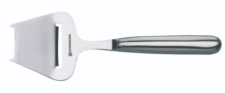 Stainless steel Swissmar cheese plane for precise, even slicing of hard and semi-hard cheeses with an ergonomic handle.