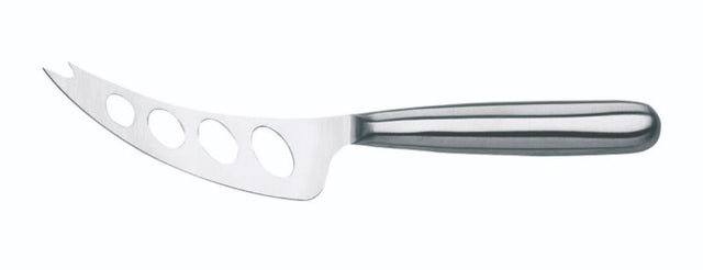 Stainless steel cheese knife with holes for slicing moist cheeses, featuring a fork tip for easy serving, 9.25 inches long.