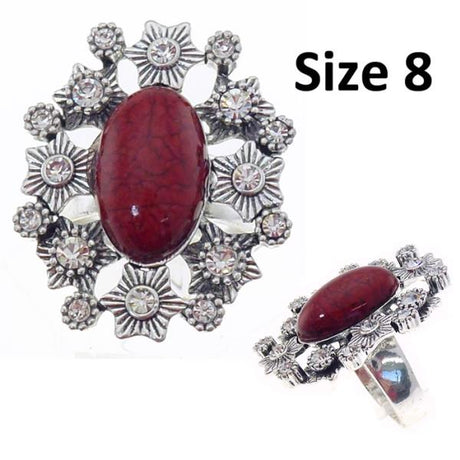 Large oval dark red resin ring with diamante surround, crafted in Ant Silver, size 8, perfect for bold, elegant styling.