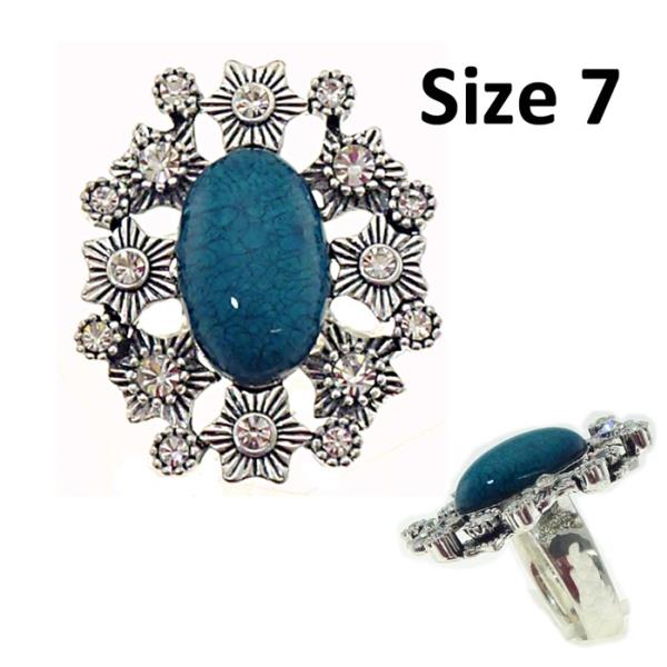 Teal oval ring with diamante accents, size 7, in durable ant silver finish for a stylish accessory statement.