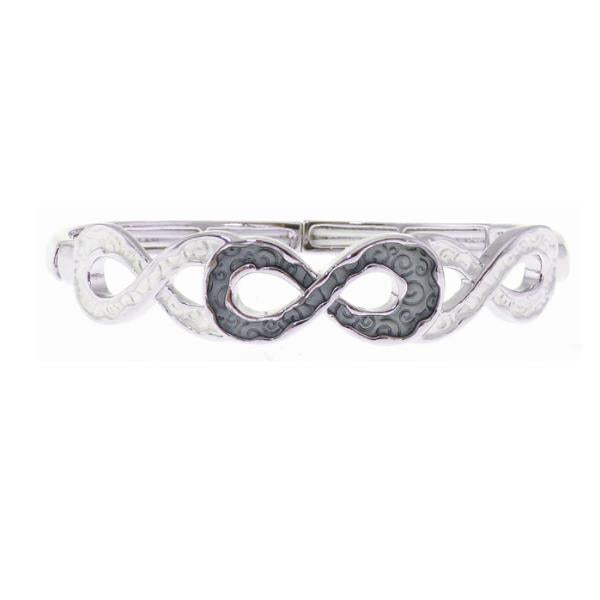 Silver and grey infinity bracelet with elastic design, symbolizing eternal love, perfect for any stylish occasion.