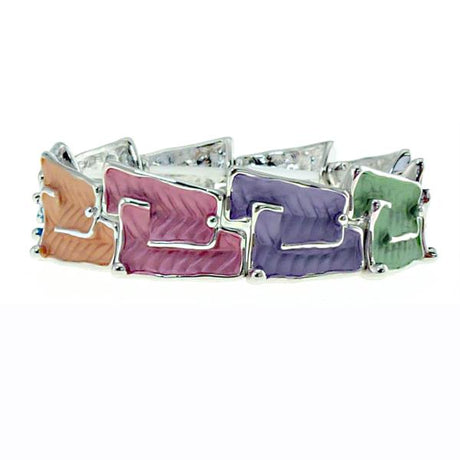 Vibrant multi-colour bracelet featuring stylised leaves on an elasticated band for a comfortable fit and stylish accessory.