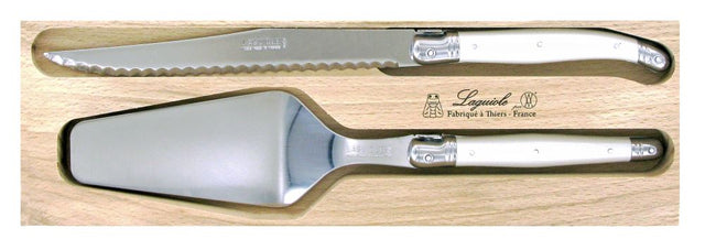 Elegant Cake Server Set featuring a serrated knife and flat server, crafted with stainless steel and resin handles for durability.