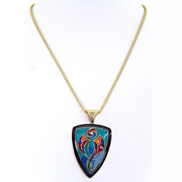 Gold triangle necklace featuring a vibrant blue and multi-coloured abstract angel design, perfect for any occasion.
