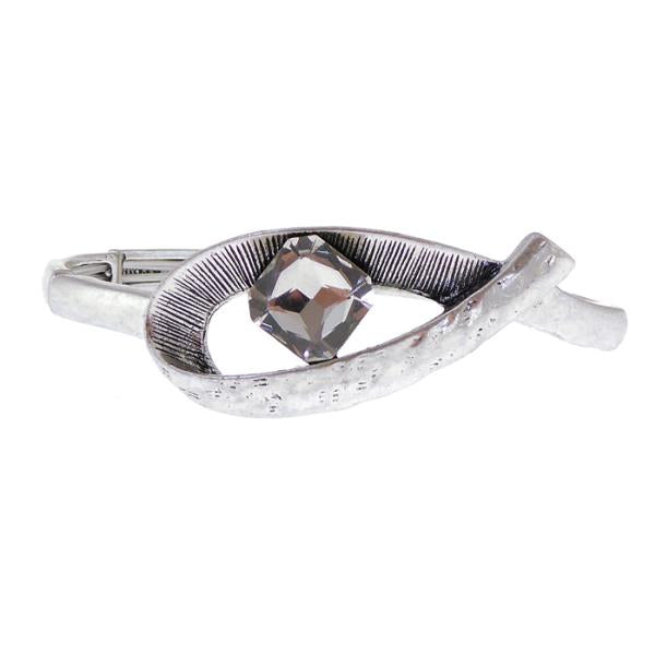 Antique silver loop bracelet featuring a textured design and central square diamante, elasticated for a comfortable fit.