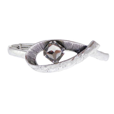 Antique silver loop bracelet featuring a textured design and central square diamante, elasticated for a comfortable fit.