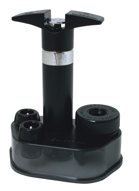 Sleek black wine and champagne pump set with two rubber stoppers for preserving bottles and preventing oxidation.