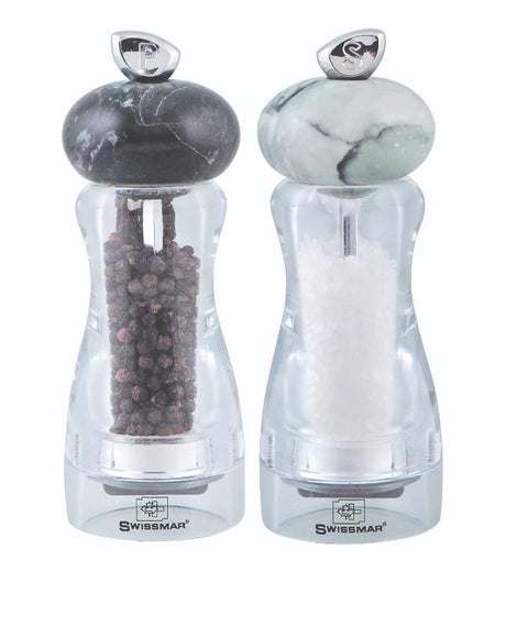 Elegant 15cm Swissmar Andrea salt and pepper grinder set with granite tops, ideal for grinding spices and enhancing dining experiences.