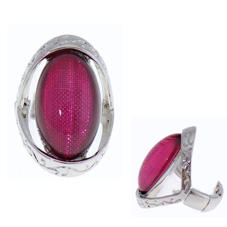 Vibrant fuchsia oval ring with a silver surround, featuring an elasticated design for a comfortable fit.