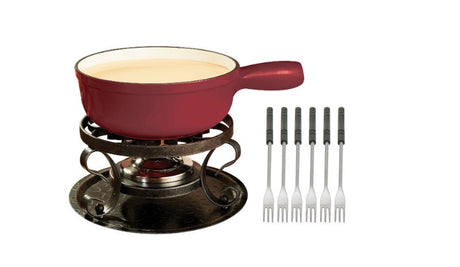 Swissmar Lugano fondue set featuring a cherry-red cast iron pot, 9 pieces, ideal for cheese and chocolate fondues.