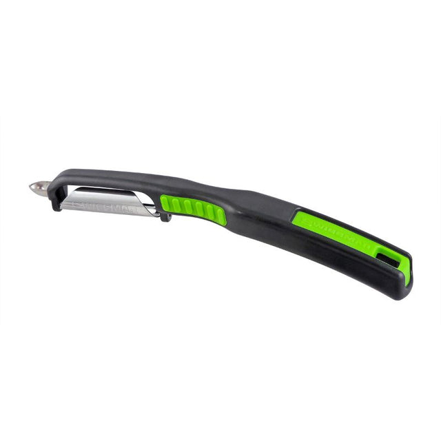 Swissmar Swisscurve Straight Peeler in black and green with ergonomic handle and curved stainless steel blade for easy peeling.