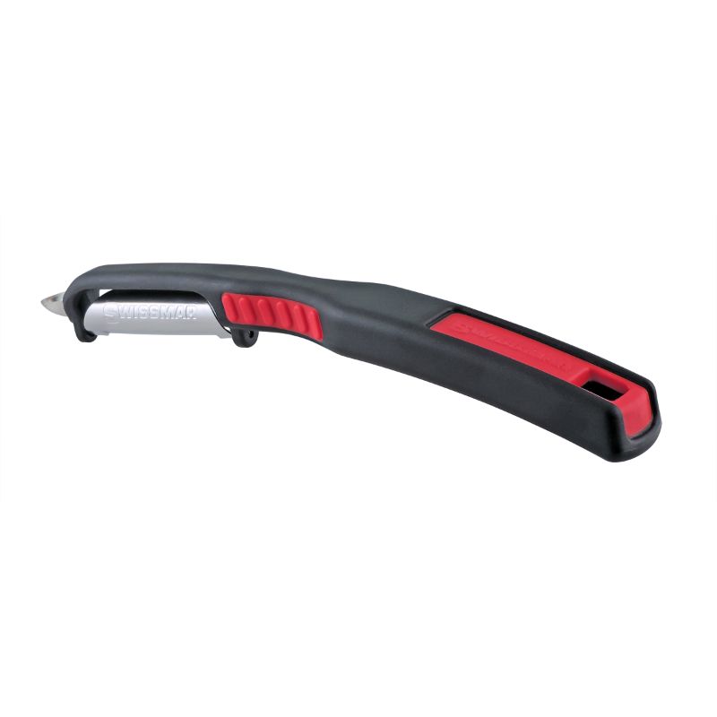 Swissmar Swiss Double Edge Straight Peeler in black and red with ergonomic handle and patented stainless steel blade for easy peeling.