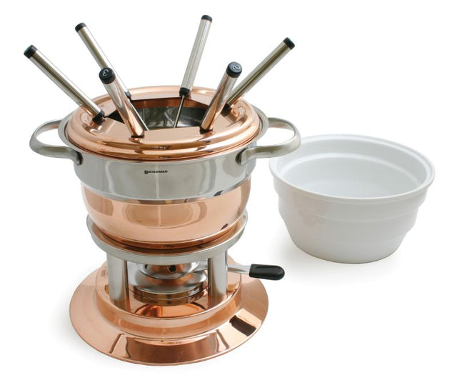 Swissmar Lausanne Copper Fondue Set, 11 pieces, featuring a stylish copper pot, ceramic insert, and six fondue forks for shared dining.