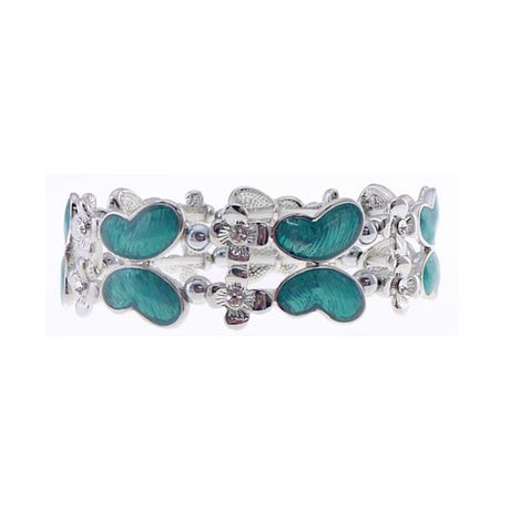 Teal butterflies bracelet featuring silver flowers and diamantes, perfect for vibrant, elegant accessory styling.