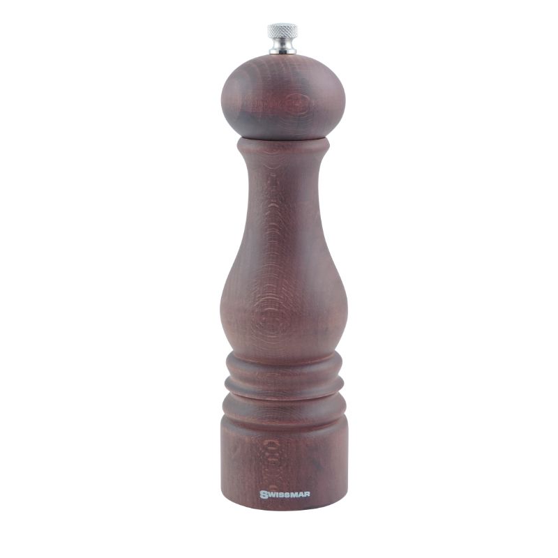 Elegant Swissmar Castell Walnut Pepper Mill, 22cm tall, features a premium beech wood design and adjustable grind settings.