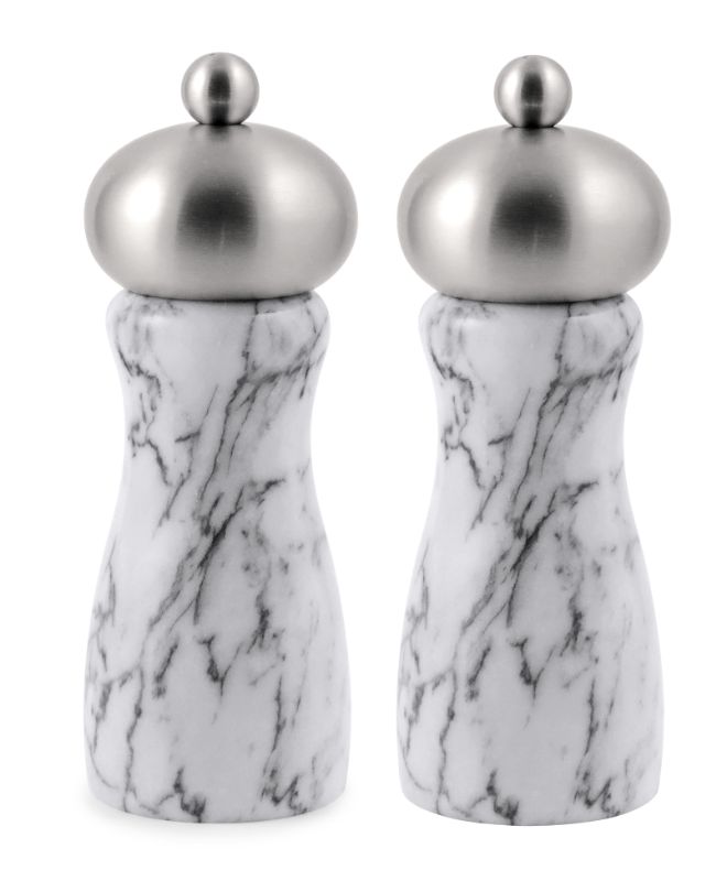 Elegant Swissmar Arctic White Marble Salt and Pepper Mill Set with stainless steel top, premium adjustable ceramic grinder.