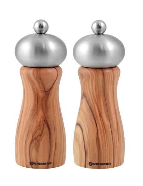 Elegant 15cm Swissmar Belle olive wood salt and pepper mill set with adjustable ceramic grinder and stainless steel top.