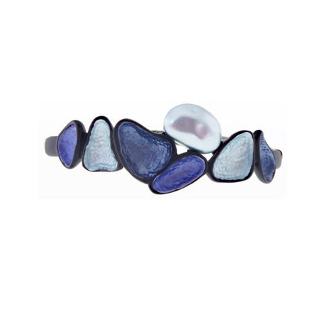 Gunmetal bracelet featuring enamelled and pearlised blue accents, perfect for adding elegance to any outfit.