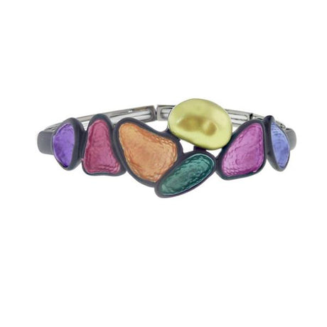Gunmetal bracelet featuring vibrant enamel and pearlized multi-colors, with an elasticated design for a comfortable fit.