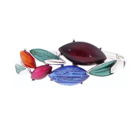 Vibrant Fuchsia, Blue, and Orange elastic bracelet featuring intricate leaf designs, perfect for adding a pop of color to any outfit.