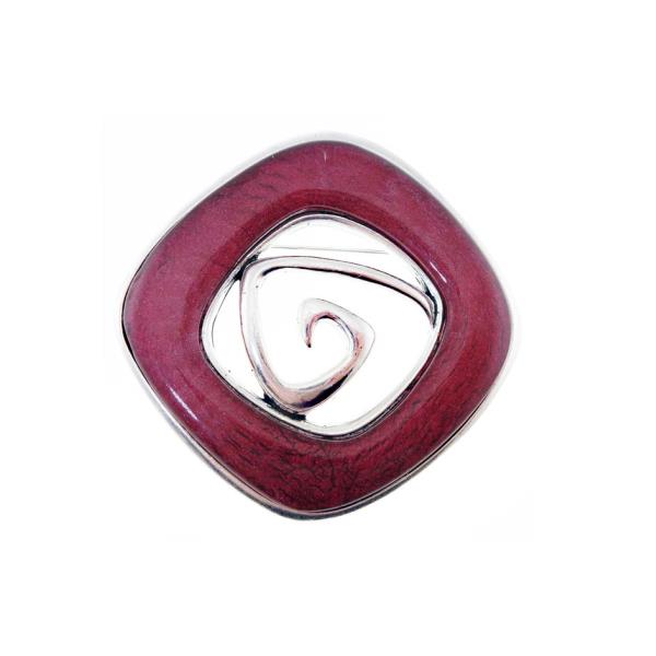 Antique silver brooch with dark red resin centerpiece, measuring 6cm, perfect for elegant and casual outfits.