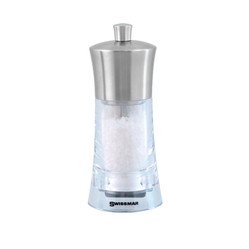 Acrylic salt mill with stainless steel top, 15cm tall, adjustable grind size for seasoning dishes in style.