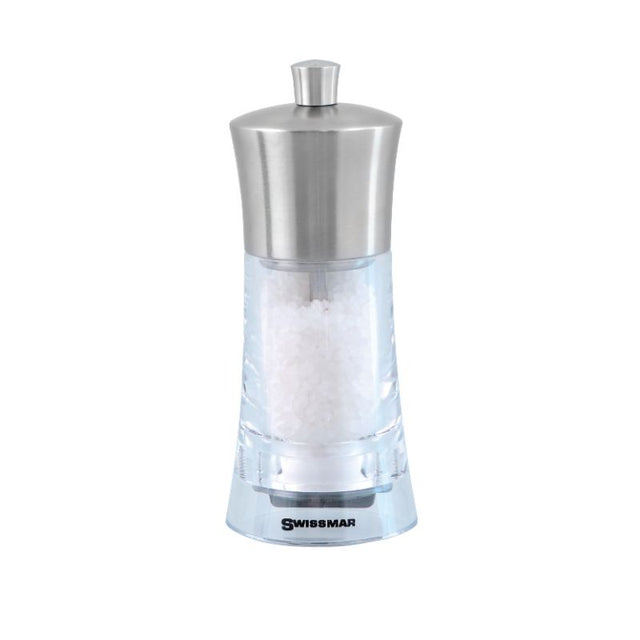 Acrylic salt mill with stainless steel top, 15cm tall, adjustable grind size for seasoning dishes in style.