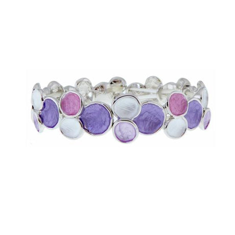 Elegant bracelet featuring an elasticated design with stunning white and purple circles, perfect for any occasion.
