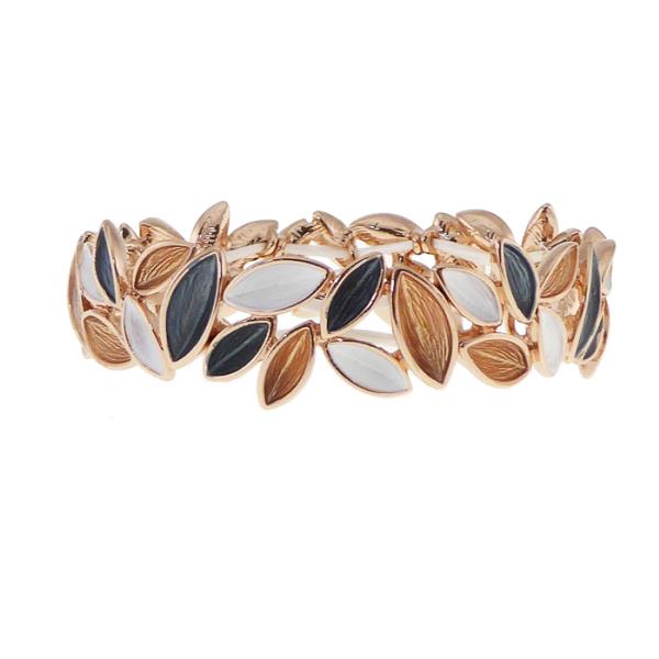 Elegant rose gold bracelet with leaf design, featuring white and grey enamel accents for a stylish, modern touch.
