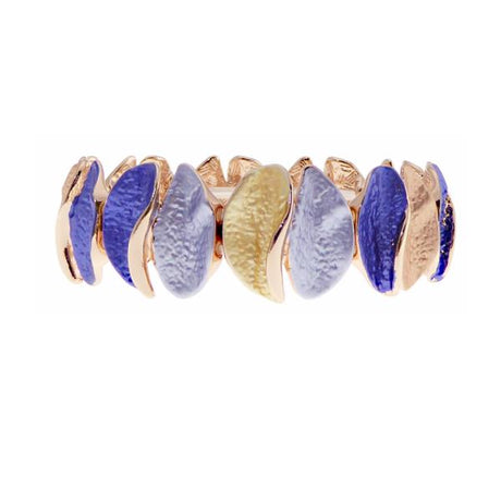 Rose gold elasticated bracelet featuring intricate vertical leaf patterns and striking blue accents, perfect for any occasion.